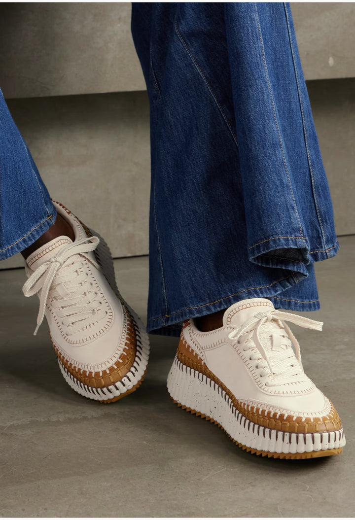 White - Nama Embroidered Leather-Trimmed Suede Sneakers - GLAM MODA