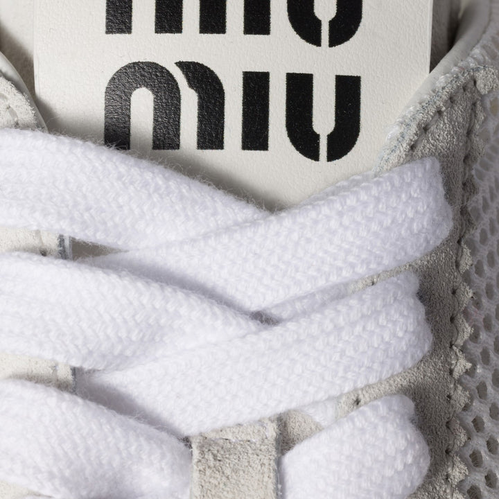 White - Plume Mesh And Suede Sneakers - GLAM MODA