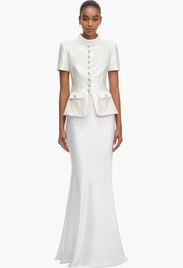 White Sequin Tailored Maxi Dress - GLAM MODA
