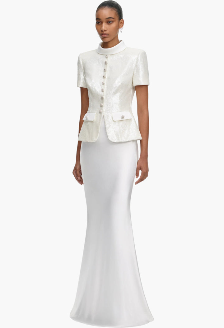White Sequin Tailored Maxi Dress - GLAM MODA
