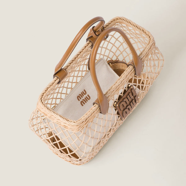 Woven Fabric Handbag With Leather Trim - Tan/Caramel