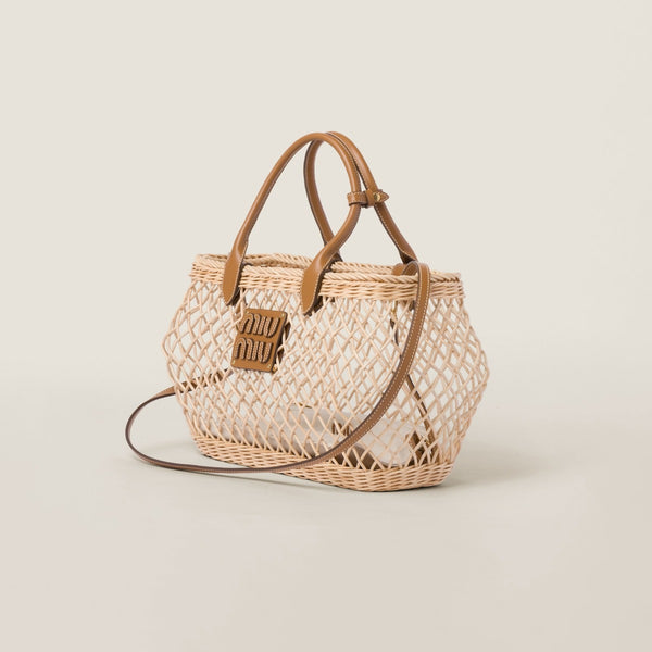 Woven Fabric Handbag With Leather Trim - Tan/Caramel