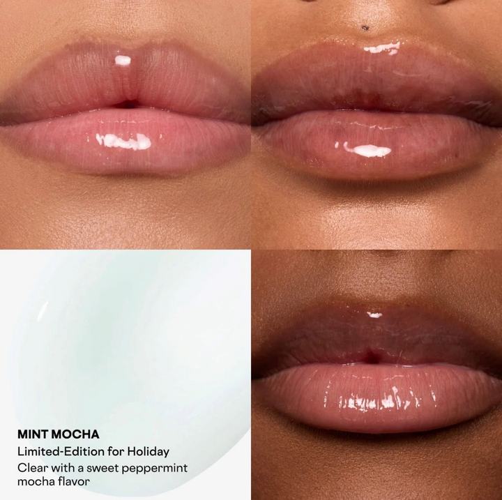 GLAM MODA PATRICK TA Mint Mocha tinted lip balm applied on lips showing a clear, high-shine hydrating finish.