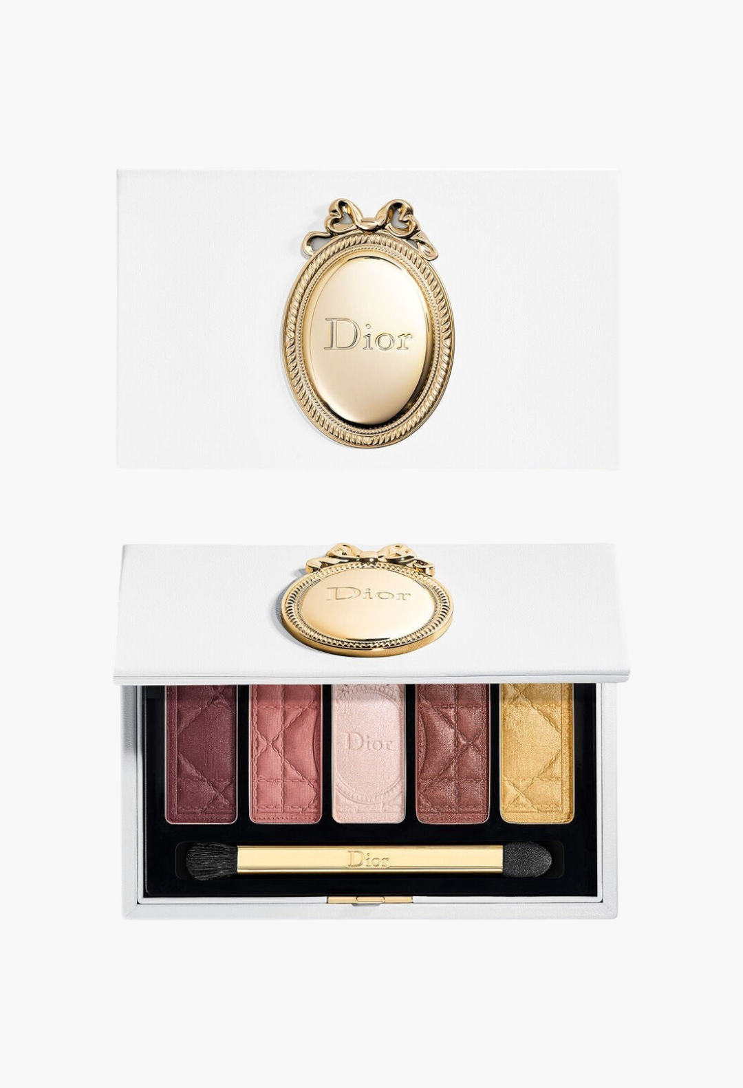 GLAM MODA limited edition Dior eye palette featuring five satin eyeshadows, a gold medallion, and a double applicator.