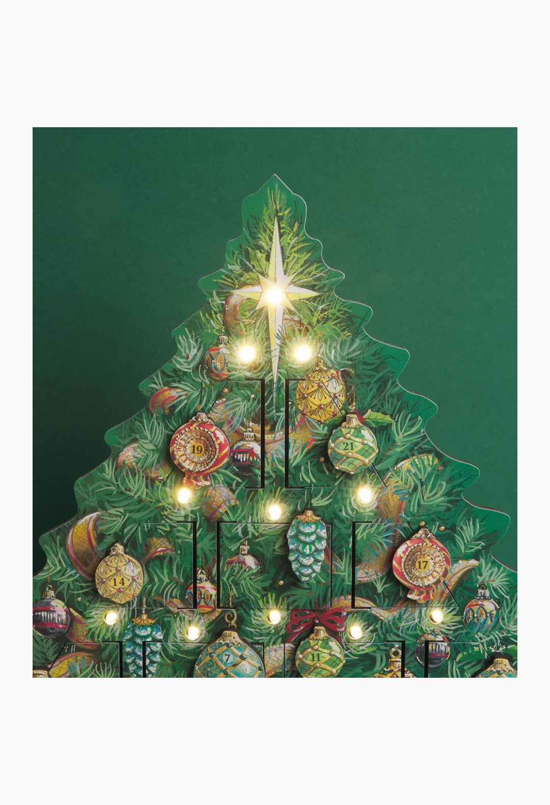 GLAM MODA wooden musical Christmas tree advent calendar with festive ornament illustrations and glowing LED lights.