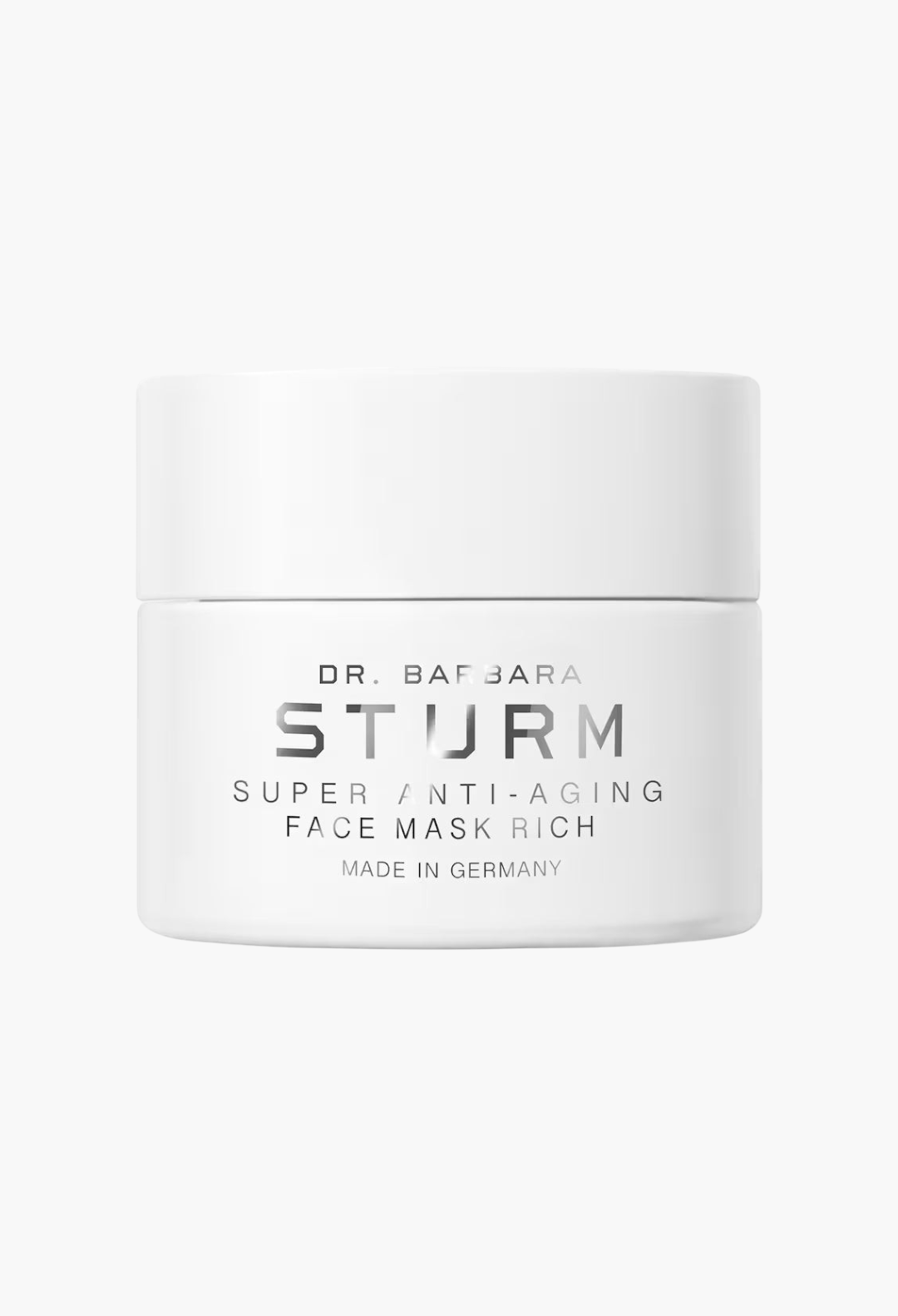 GLAM MODA Dr. Barbara Sturm Super Anti-Aging Face Mask Rich in a white 50ml jar for hydrating and firming skin.