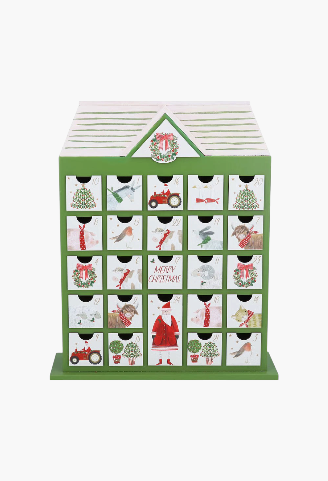 GLAM MODA wooden house advent calendar with 24 festive pull-out drawers featuring Christmas illustrations