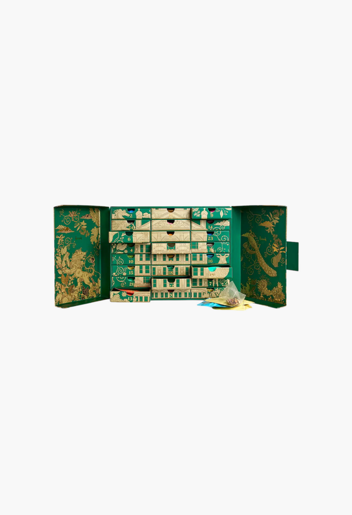 GLAM MODA Tea Lovers advent calendar in green and gold with numbered drawers and assorted silken tea bags