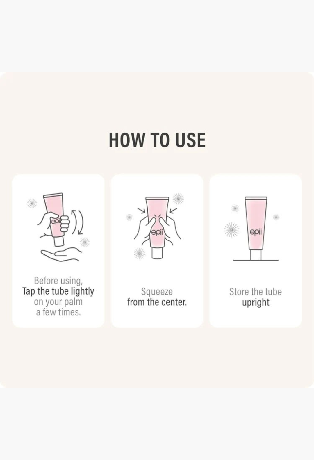 GLAM MODA instructional graphic showing how to use the Epii Double Up Cream tube by tapping, squeezing, and storing.