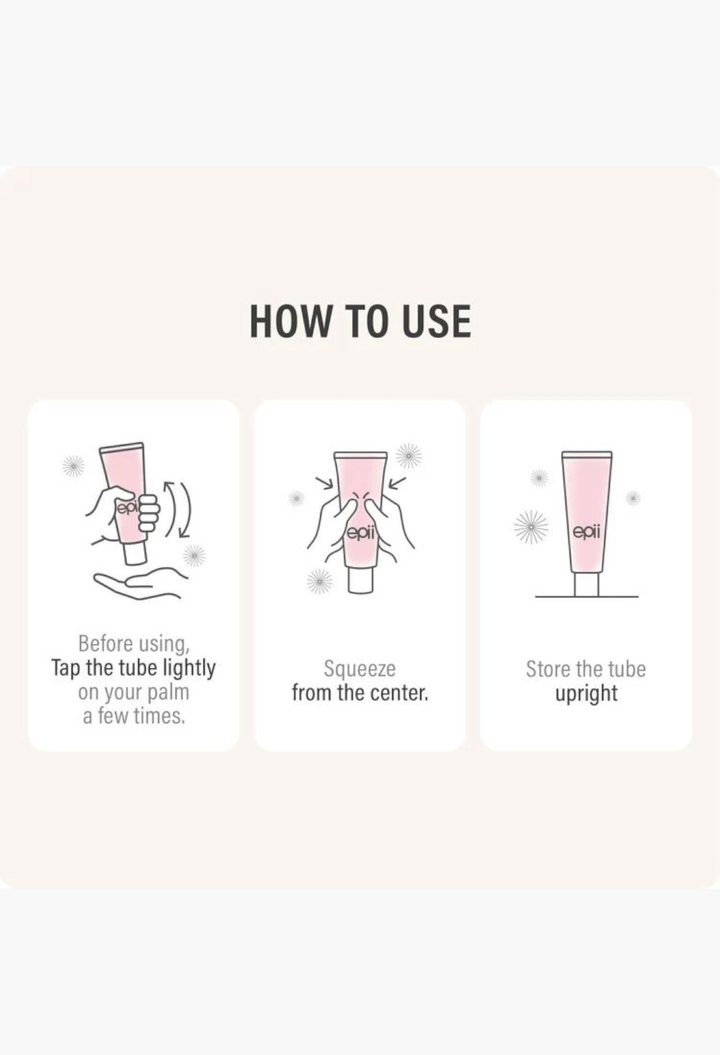 GLAM MODA instructional graphic showing how to use the Epii Double Up Cream tube by tapping, squeezing, and storing.