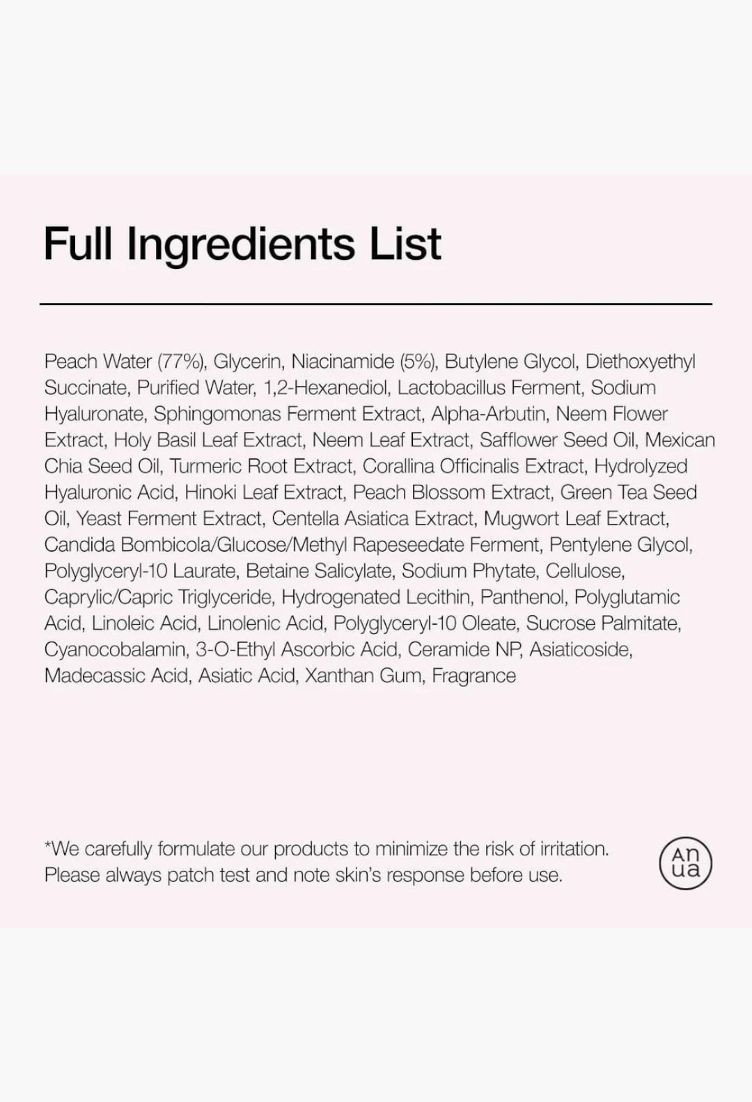 GLAM MODA Anua Peach 70% Niacinamide Serum full ingredients list on a clean white background