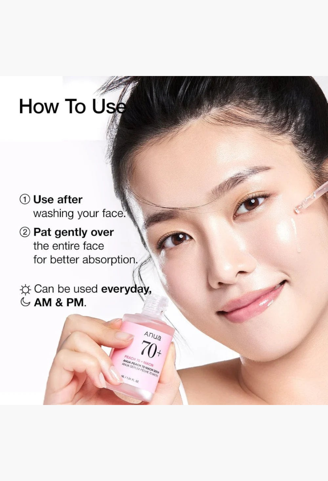 GLAM MODA Anua Peach 70% Niacinamide Serum being applied by a woman for glowing skin and pore care