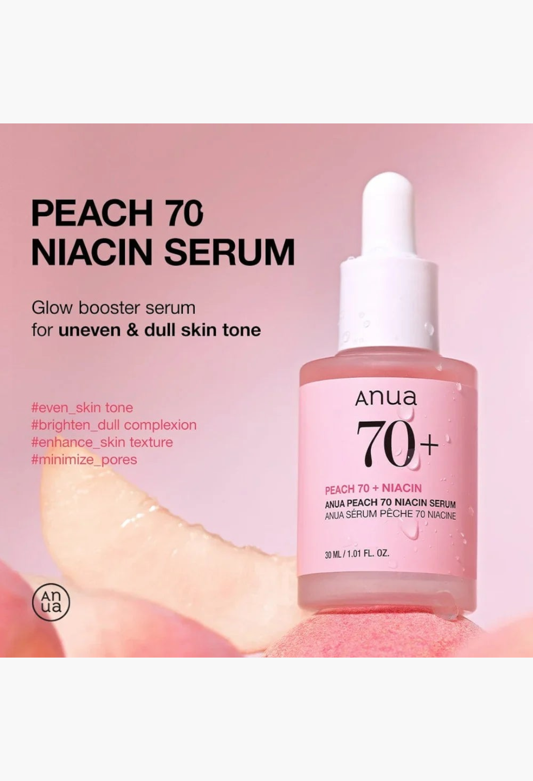 GLAM MODA Anua Peach 70% Niacinamide Serum in a frosted pink glass dropper bottle for brightening and hydration.