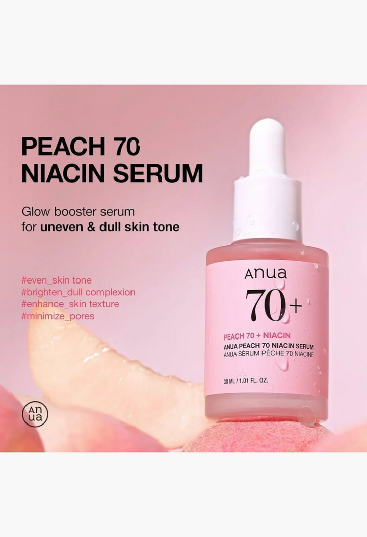 GLAM MODA Anua Peach 70% Niacinamide Serum in a frosted pink glass dropper bottle for brightening and hydration.