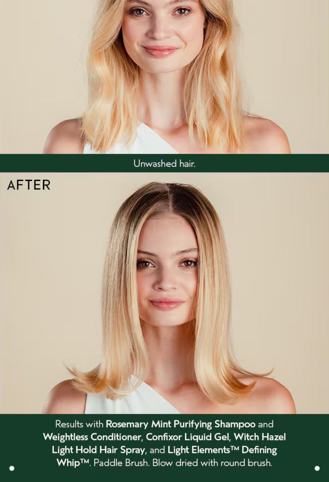 GLAM MODA before and after results of hair treated with Rosemary Mint Purifying Shampoo for a clean, shiny finish.