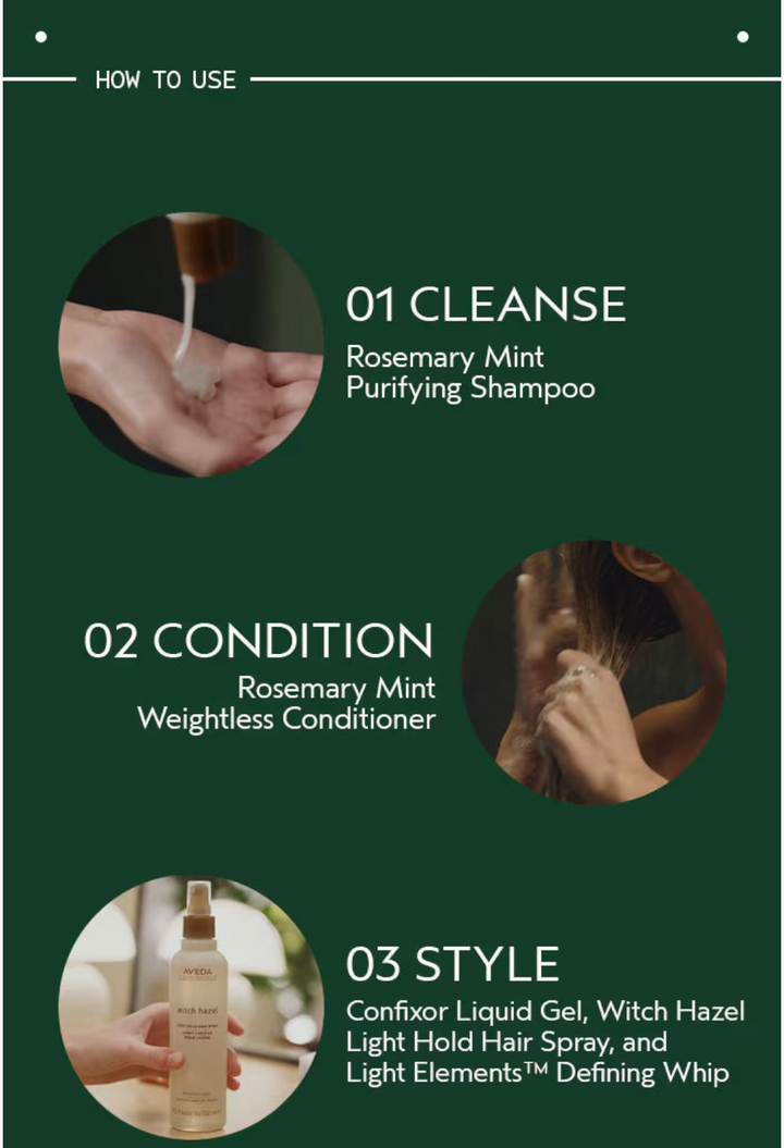 GLAM MODA Aveda witch hazel hair spray bottle held in a hand against a clean white background