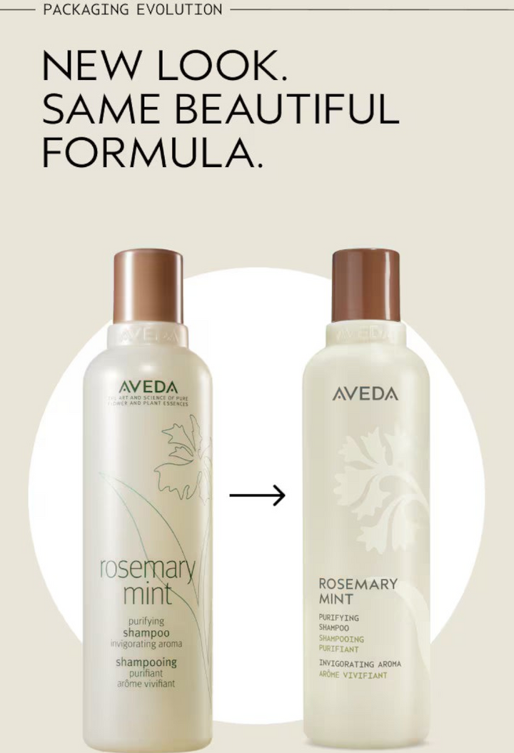 GLAM MODA Aveda Rosemary Mint Purifying Shampoo showing old and new packaging design evolution side by side