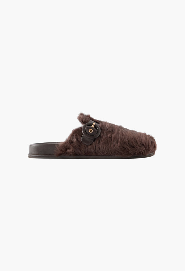 Cuddle Buckled Leather-Trimmed Shearling Mules