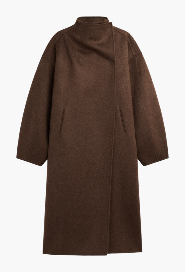 Leroy Funnel Neck Wool Coat - Brown Melange