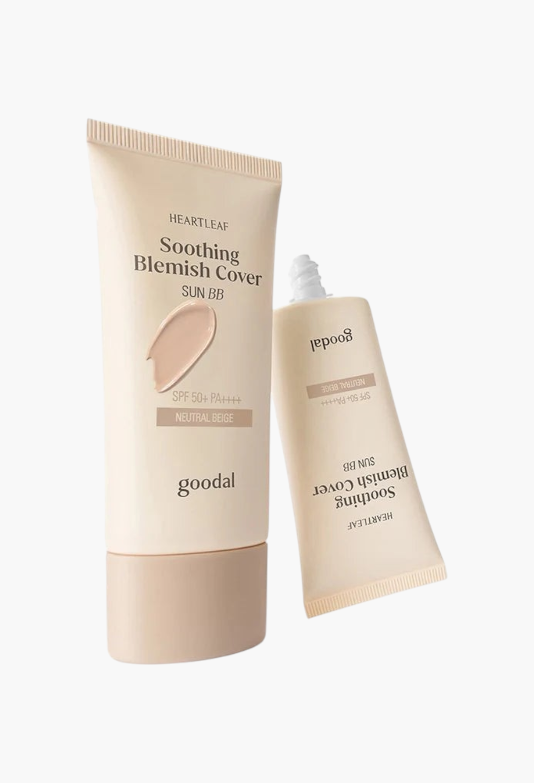 GLAM MODA Goodal Heartleaf Soothing Blemish Cover Sun BB in neutral beige with SPF50+ protection in a squeeze tube.