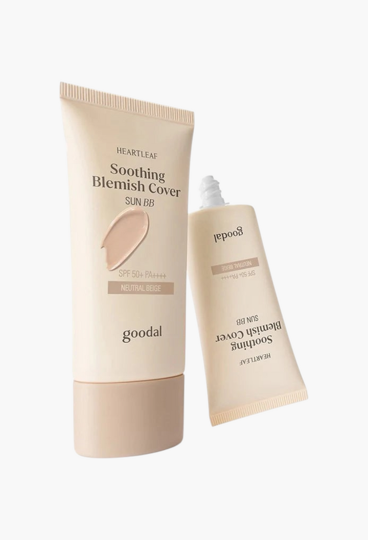 GLAM MODA Goodal Heartleaf Soothing Blemish Cover Sun BB in neutral beige with SPF50+ protection in a squeeze tube.
