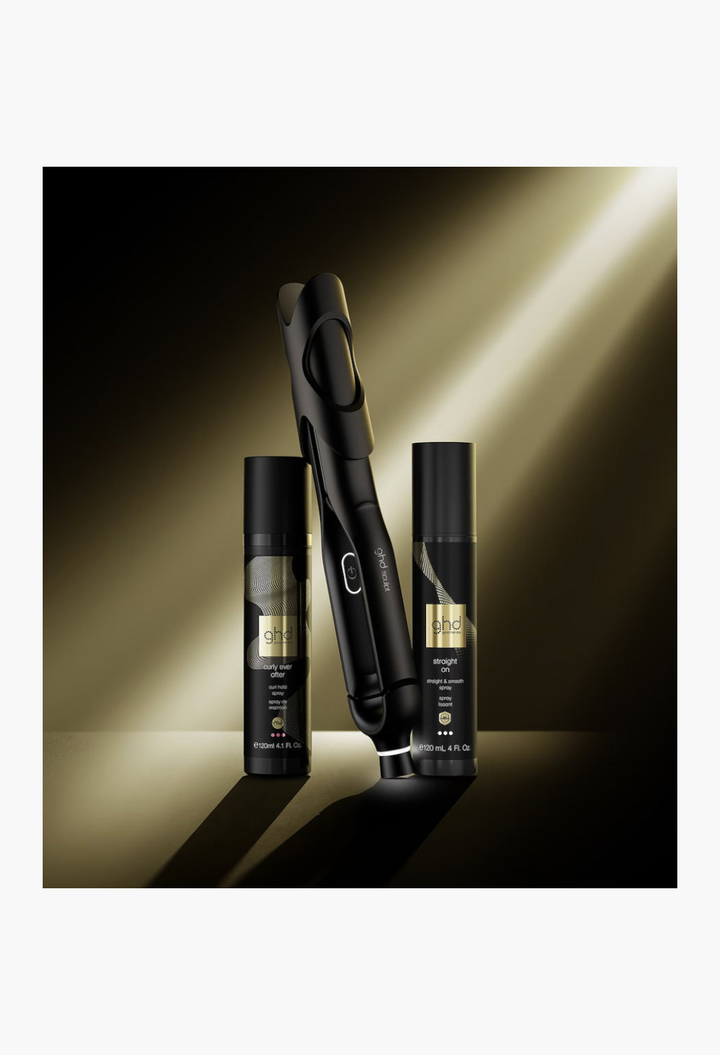 GLAM MODA Sculpt hair styler with infinity plates and two styling sprays in a professional studio spotlight setting