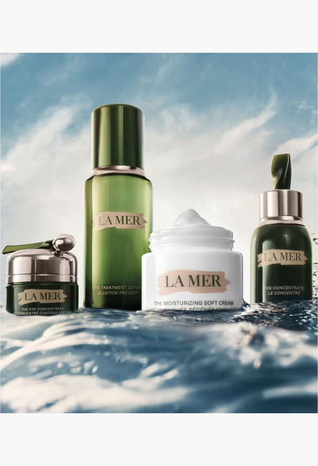 GLAM MODA La Mer skincare collection featuring The Moisturizing Soft Cream, lotion, and concentrated serums.