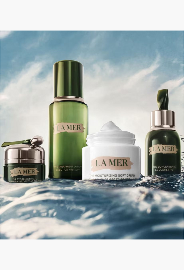 GLAM MODA La Mer skincare collection featuring The Moisturizing Soft Cream, lotion, and concentrated serums.