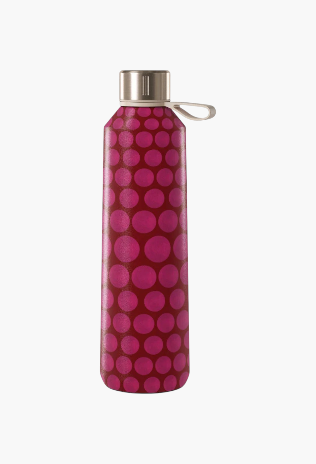 GLAM MODA Reset Button stainless steel water bottle with a pink and dark red polka dot pattern and silver cap.
