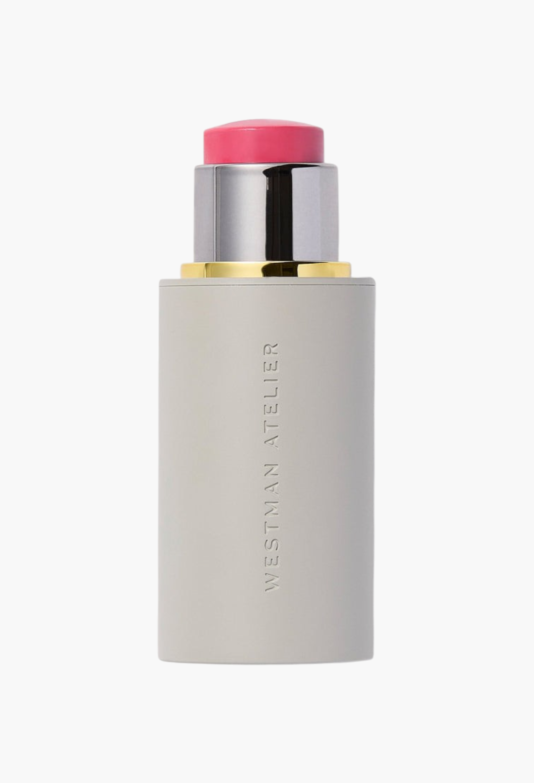 GLAM MODA Westman Atelier Baby Cheeks Blush Stick in a vibrant pink shade with a sleek grey twist-up applicator.