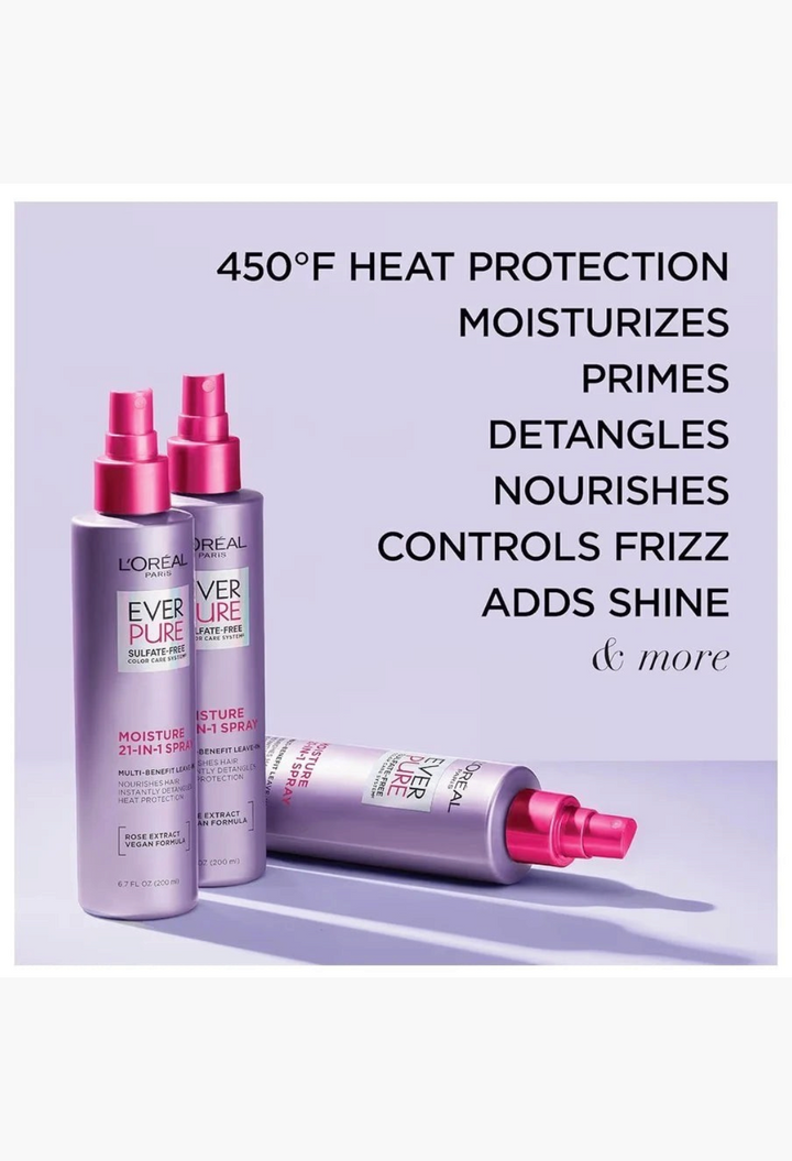 GLAM MODA L'Oreal Paris EverPure 21-in-1 leave-in conditioner spray bottles for moisturizing and heat protection
