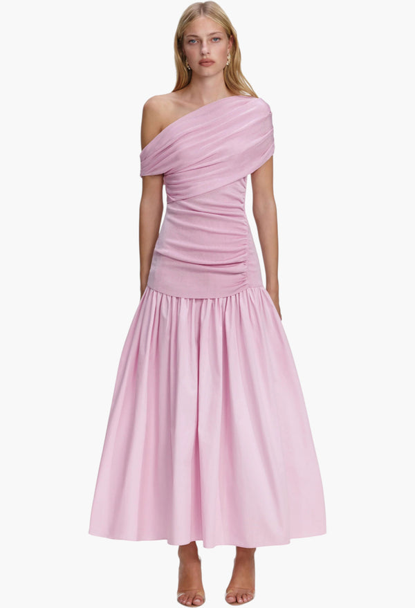 Pink Cotton Draped Knit Midi Dress