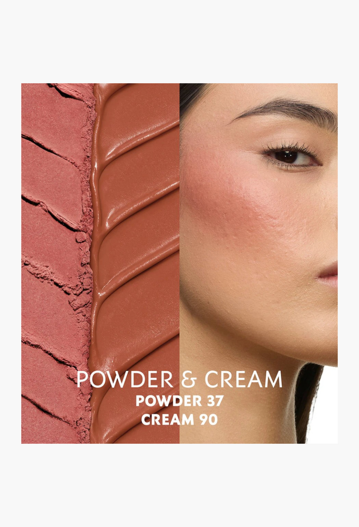 GLAM MODA Make Me Blush cream and powder blush swatches next to a model wearing a natural dewy flush on her cheek
