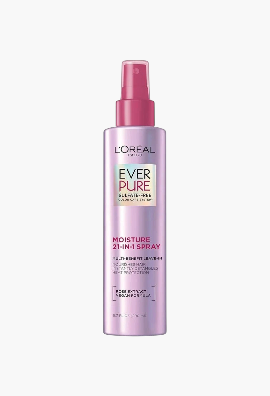 GLAM MODA L'Oreal Paris EverPure 21-in-1 leave-in conditioner spray bottle for dry, color-treated hair.