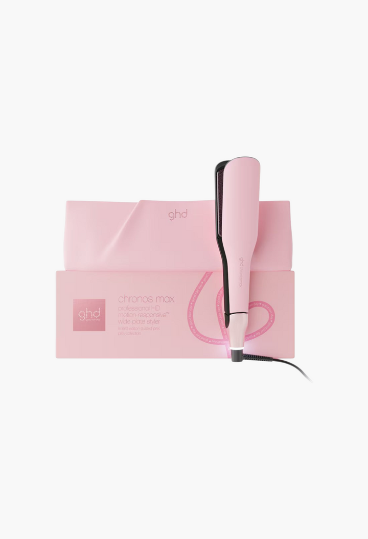 GLAM MODA ghd Chronos Max wide plate hair straightener in limited edition blush pink with matching presentation box