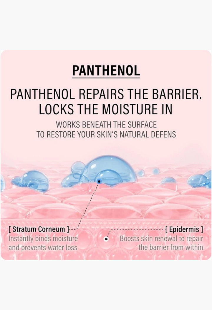 GLAM MODA Epii Double Up Cream infographic showing skin barrier repair with panthenol and moisture-locking bubbles