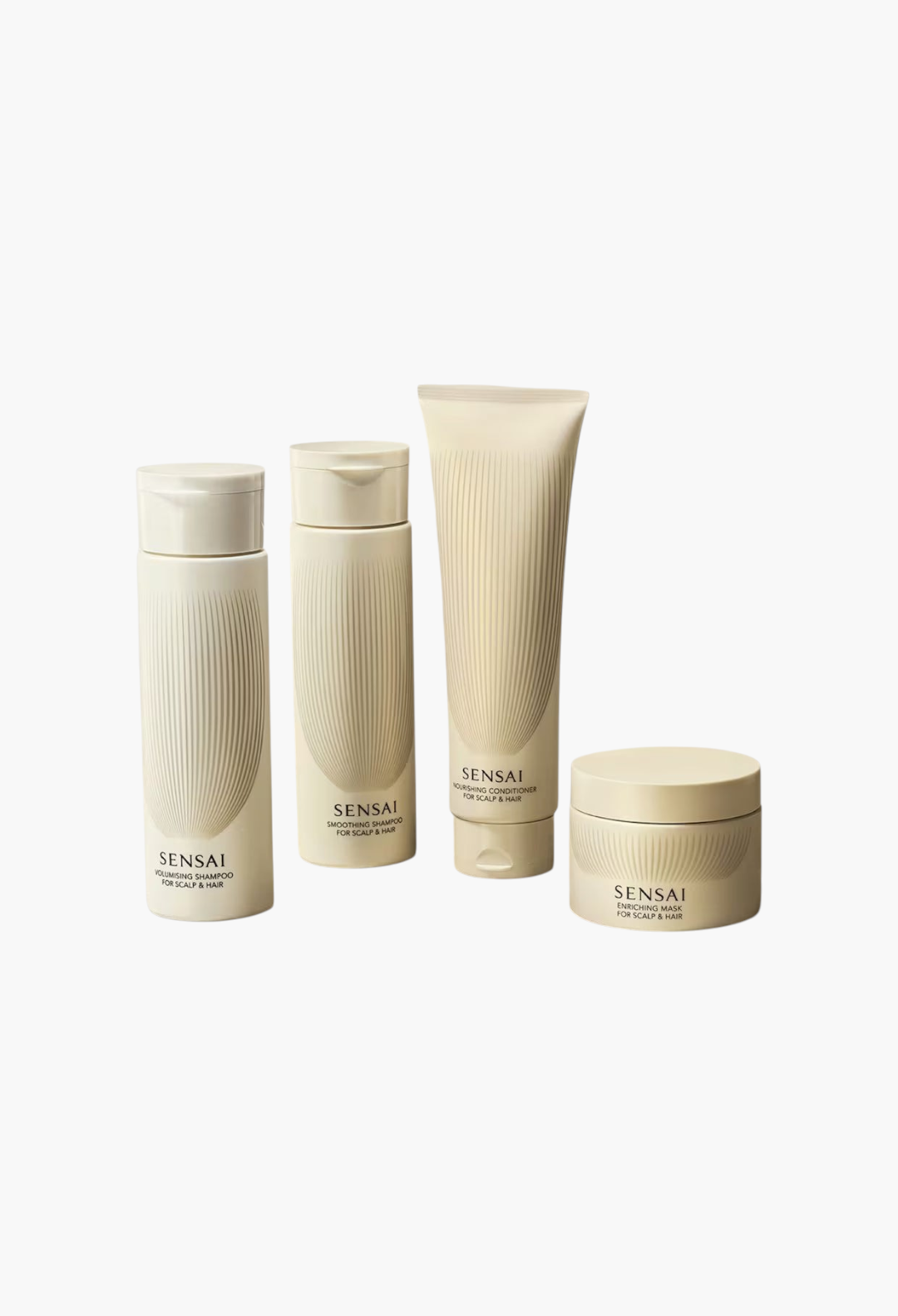 GLAM MODA SENSAI hair care set featuring shampoo, conditioner, and Enriching Mask in beige minimalist packaging.