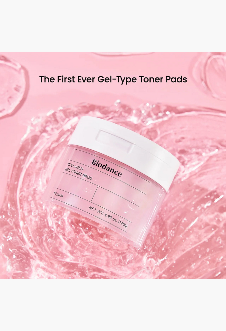 GLAM MODA Biodance collagen gel toner pads in a clear jar with a white lid, set against a pink gel background.