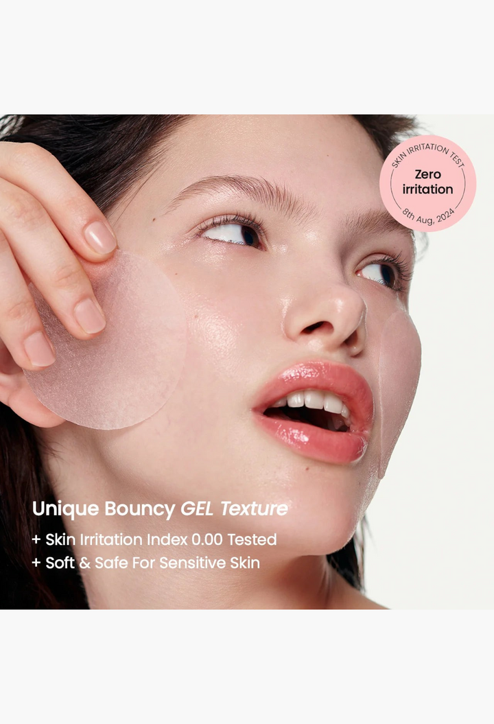 GLAM MODA model applying a soothing, translucent collagen gel toner pad to her cheek for hydrated, glowing skin.