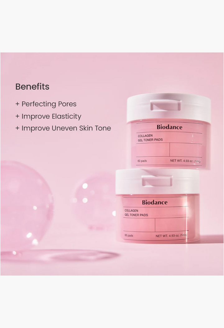 GLAM MODA Biodance collagen gel toner pads in pink jars stacked on a soft pink background for skin elasticity