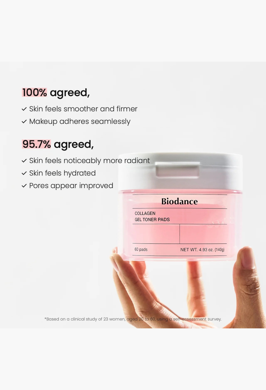 GLAM MODA Biodance collagen gel toner pads in a pink translucent jar held by a hand for hydrating skincare