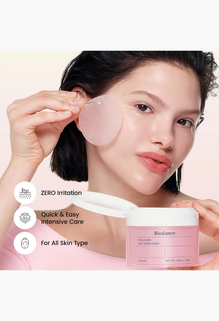 GLAM MODA Biodance collagen gel toner pads held by a woman for intensive skin hydration and pore refinement