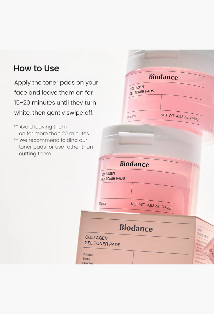 GLAM MODA Biodance collagen gel toner pads in pink translucent jars stacked with product packaging