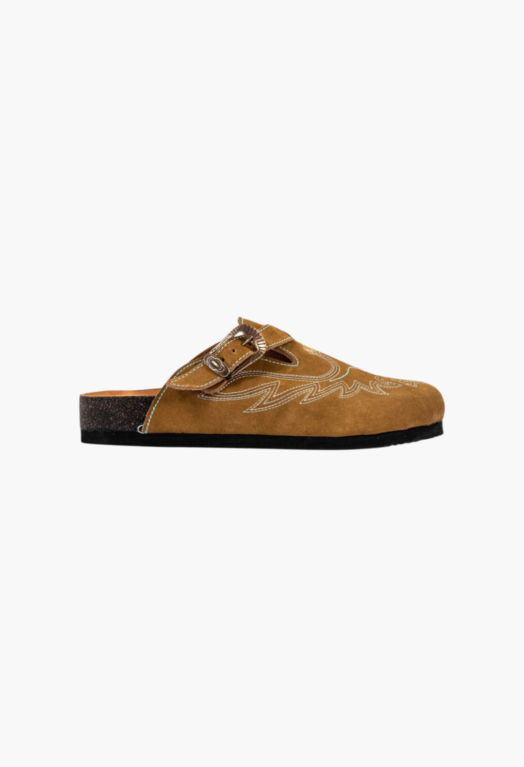 GLAM MODA camel suede cowboy clogs with eagle stitching, side buckle closure, and cork sole, handmade in Mexico.