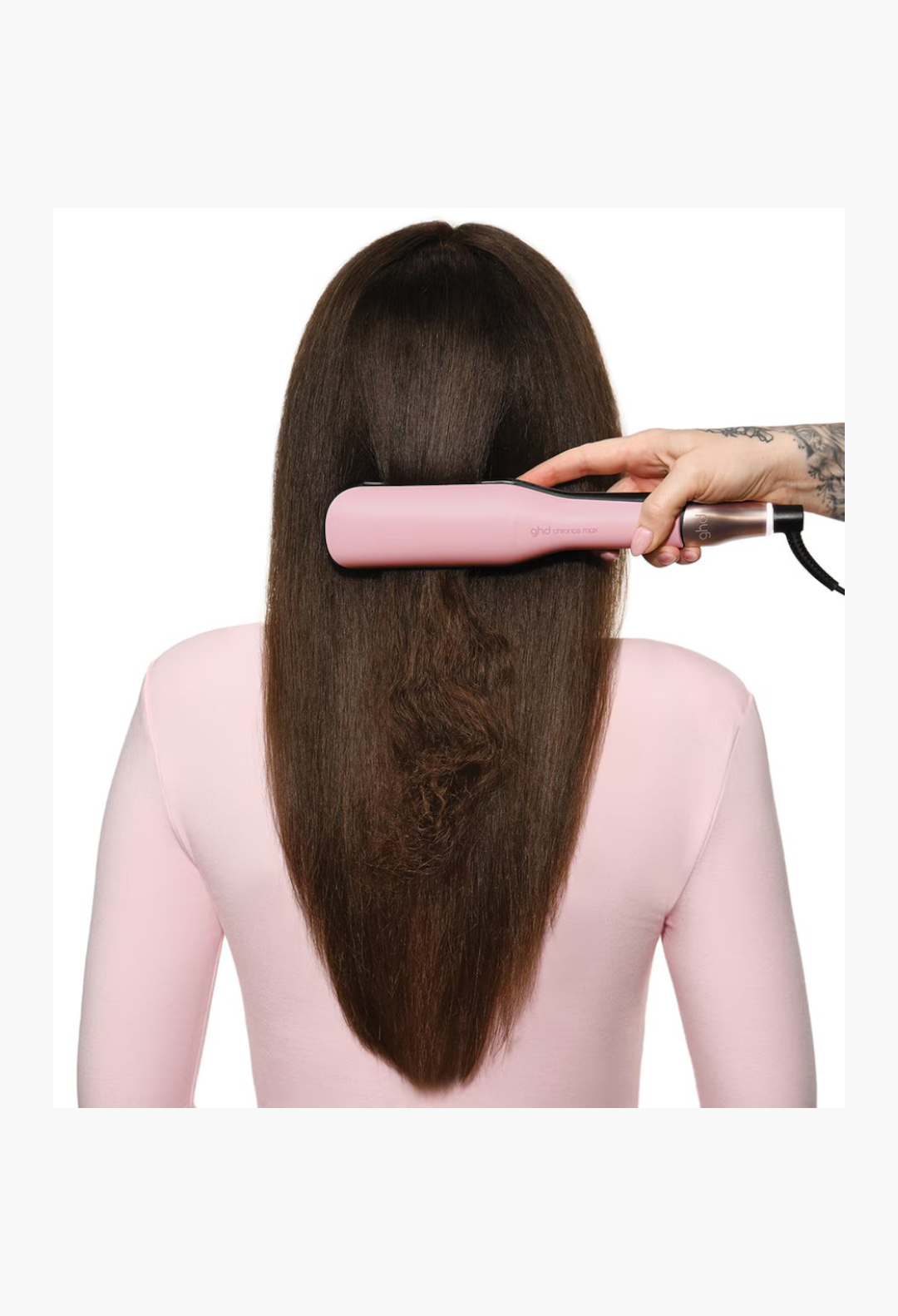 GLAM MODA pink ghd Chronos Max wide plate hair straightener being used on long brown hair