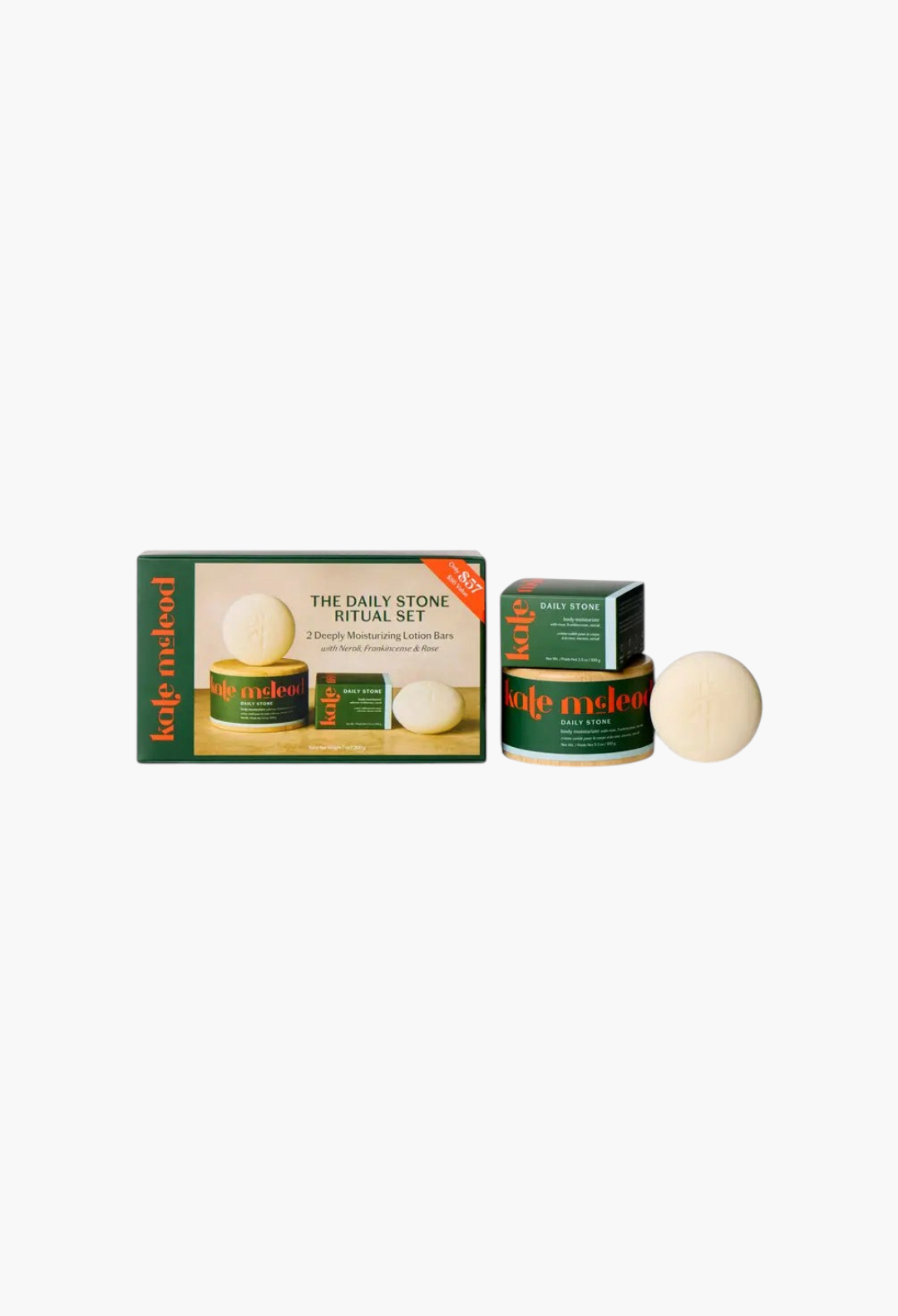 GLAM MODA Daily Stone Ritual Set featuring two moisturizing cocoa butter lotion bars and a bamboo storage canister.