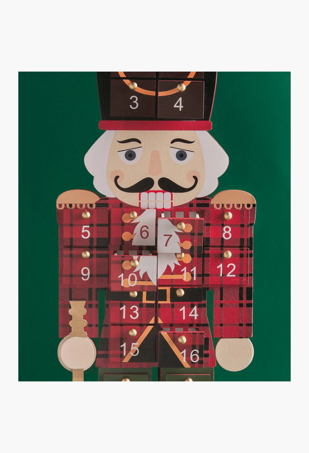 GLAM MODA nutcracker advent calendar with red tartan pattern and numbered drawers for Christmas treats