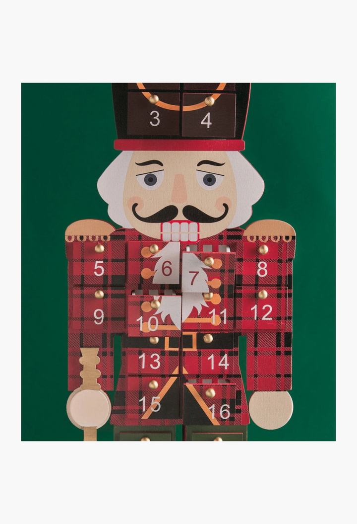 GLAM MODA nutcracker advent calendar with red tartan pattern and numbered drawers for Christmas treats