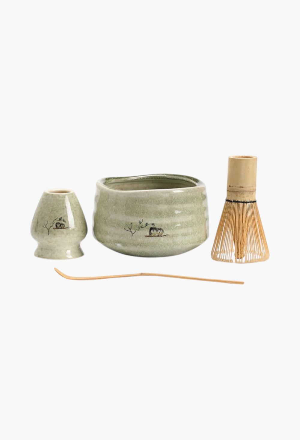 Cute Owl Ceramic Chawan With Bamboo Whisk And Chasen Holder Matcha Tea Ceremony Set - GLAM MODA