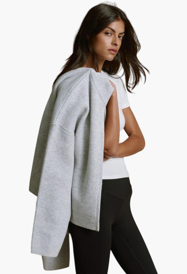 Ribbed Zip Through Knit Sweatshirt - Light Grey Melange/Burgundy
